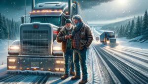 Mastering Winter Roads: Veteran Trucker Sam's Guide to Safe Semi Driving. It depicts the experienced truck driver, Sam, alongside his semi-truck in a winter setting, embodying the themes of resilience, expertise, and the crucial importance of safety in winter truck driving.